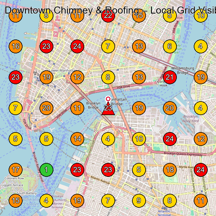 Downtown Chimney & Roofing Chimney Services GeoGrid ranking map for Brooklyn NY